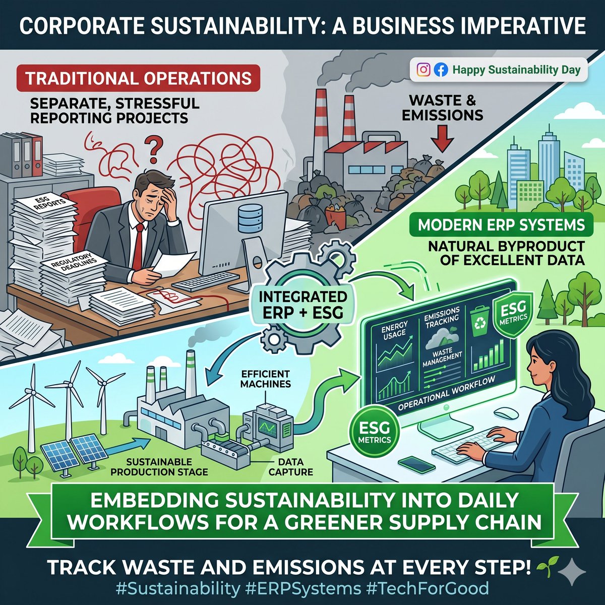 veer158's tweet photo. Sustainability is a business imperative. Modern ERPs are embedding ESG metrics directly into daily workflows. Track your waste and emissions at every step of production! 🌱 #Sustainability #ERPSystems #TechForGood https://t.co/POJbJEIIOL