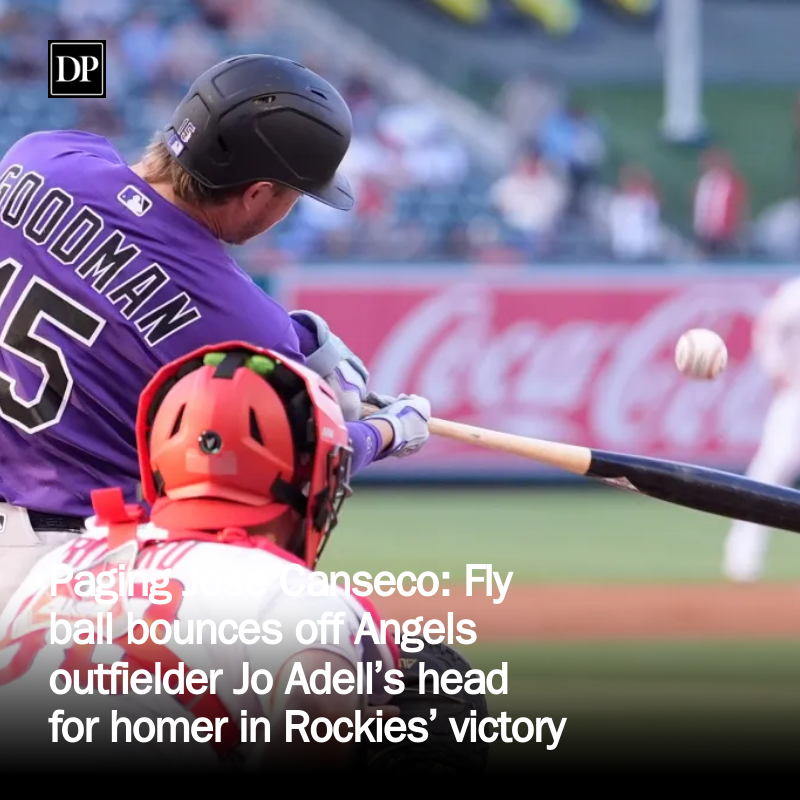 DPRockies's tweet photo. Paging Jose Canseco: Fly ball bounces off Angels outfielder Jo Adell’s head for homer in Rockies’ victory https://t.co/PzztRInJgu https://t.co/jRmvIzB3fc
