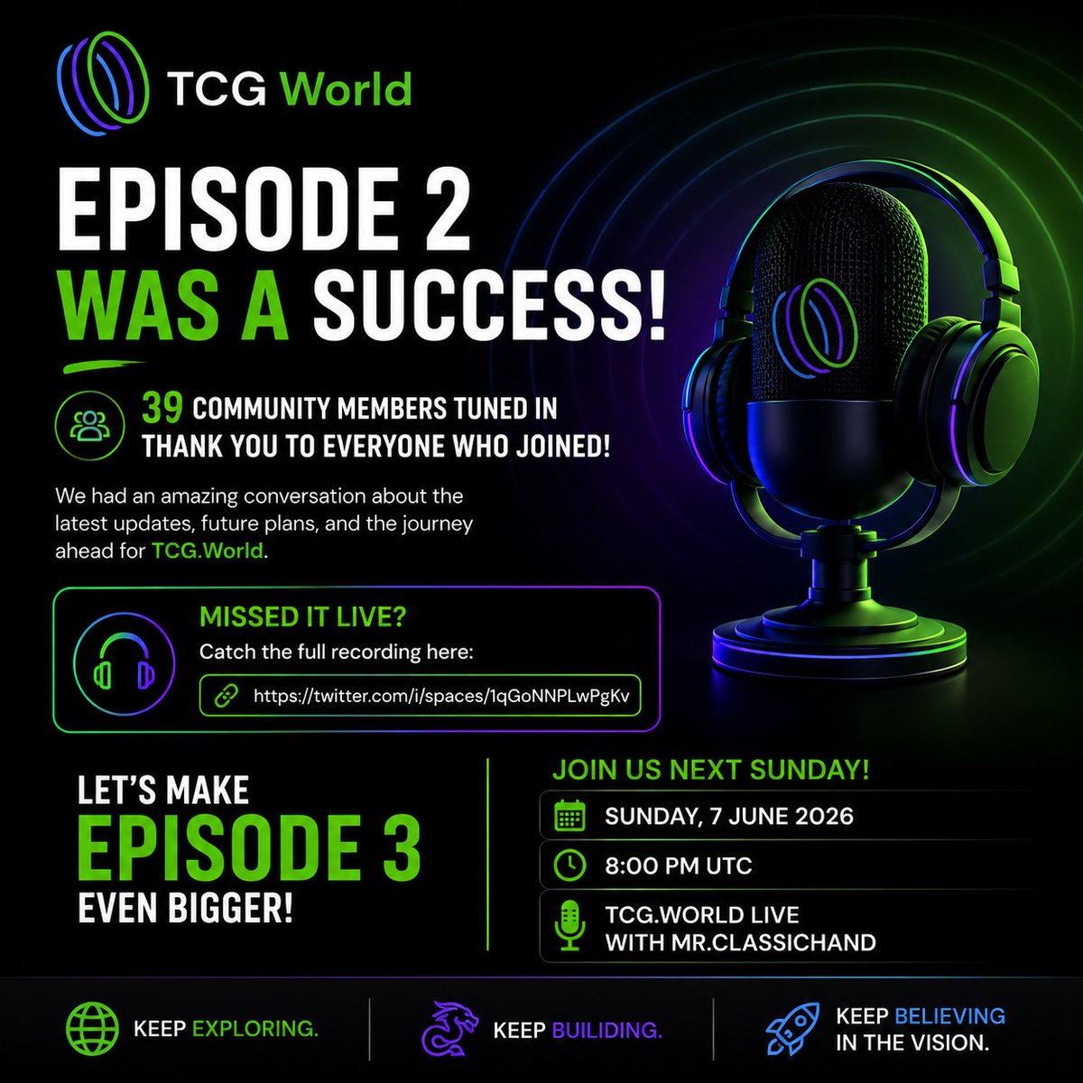 ClassicHand's tweet photo. 🎙️ Just finished listening back to the recording of Episode 2 of https://t.co/0RYJf1Vlg9 Live with Mr.ClassicHand and I must say, with 39 community members tuning in, it was another great conversation!

We discussed the latest developments in https://t.co/0RYJf1Vlg9, shared insights, and explored what lies ahead for this incredible open-world Web3 ecosystem.

If you missed it live, don’t worry — you can catch the full recording here:

🔗 https://t.co/HKyOywXbDk

A big thank you to everyone who joined, listened, and contributed to the discussion.

Now let’s build on the momentum and make Episode 3 even bigger!

📅 Sunday, 7 June 2026
⏰ 8:00 PM UTC
🎙️ https://t.co/0RYJf1Vlg9 Live with Mr.ClassicHand

See you there as we continue exploring the future of https://t.co/0RYJf1Vlg9 together.

🌍 Keep exploring.
🐉 Keep building.
🚀 Keep believing in the vision.

#TCGWorld #Web3Gaming #OpenWorldGaming #GameFi #CryptoGaming #TCGCommunity #MrClassicHand #XSpaces #PlayTCGWorld