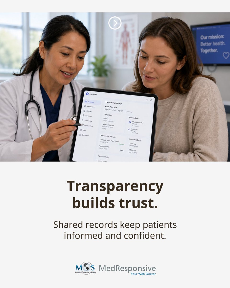 med_responsive's tweet photo. EHR apps improve patient experience with instant record access, real-time updates, and transparent care. MedResponsive’s EHR services design apps that build trust and satisfaction.

#MedicalPracticeGrowth #PatientExperience #HealthTech https://t.co/1ly5K9TqHB