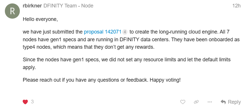 Zero2HeroZombie's tweet photo. Proposal 142071 is LIVE on the NNS♾

This proposal creates the long-running DFINITY cloud engine from 7 unassigned DFINITY nodes across 4 locations.

$ICP = World Computer https://t.co/9KaPI2pme2