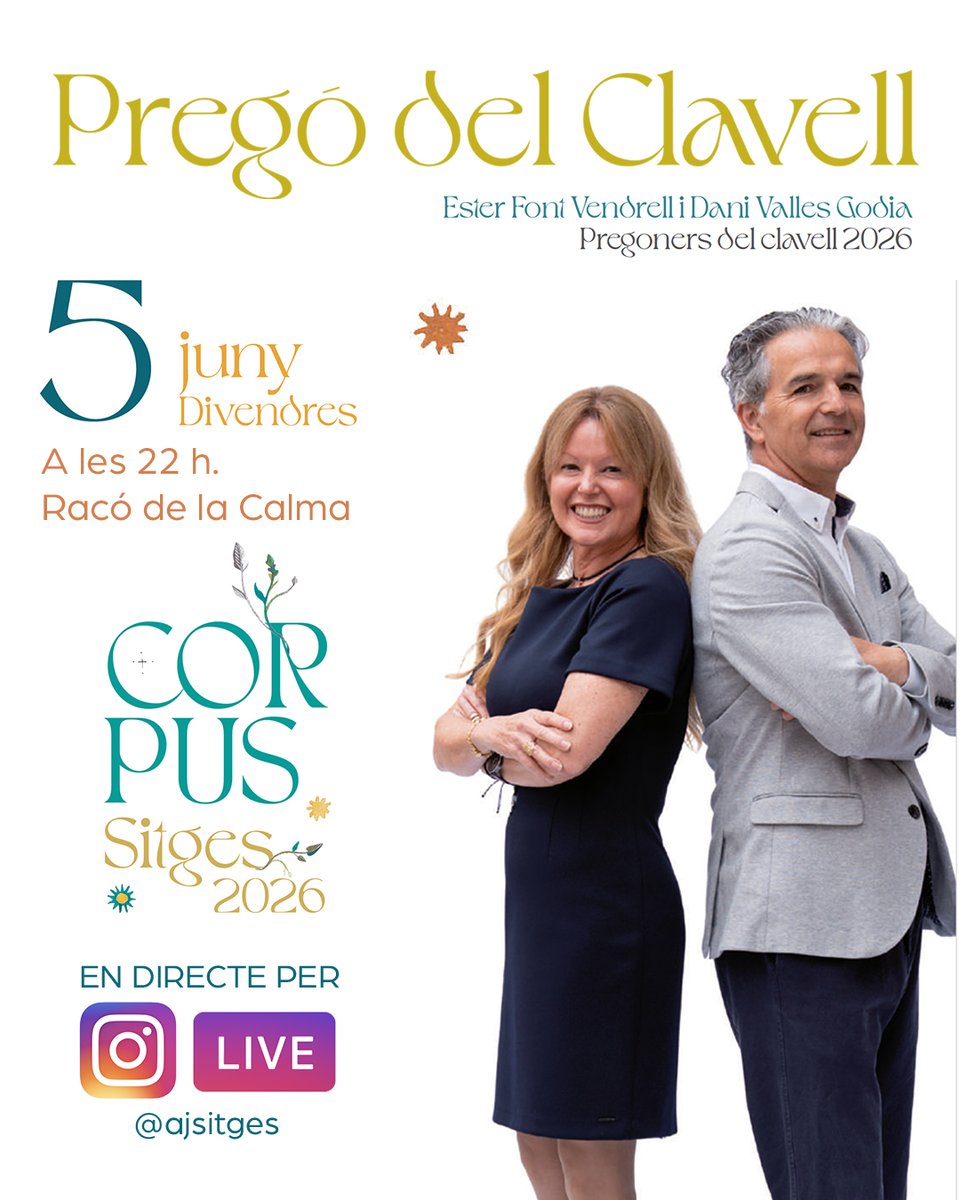 AjSitges's tweet photo. 🌺 Aquest divendres, us esperem al Pregó del Clavell del Corpus de Sitges 2026
🕐 22h | Racó de la Calma
🎥 També en directe per Instagram Live (@ajsitges) https://t.co/47Ugo2qmF8