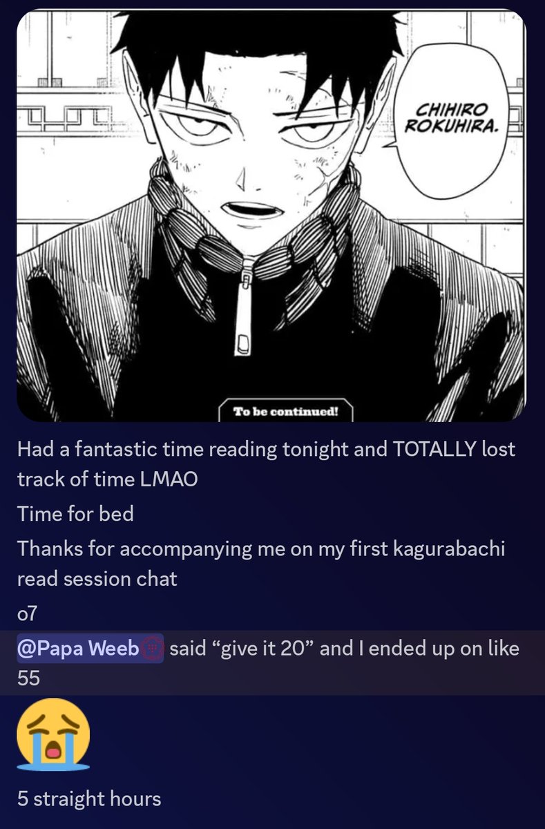 Dynamic_Weeb's tweet photo. A bud of mine finally started Kagurabachi last night. I told him just read the first 20 and you'll be entertained, I woke up to this in my Discord server. #WeGotHim https://t.co/G5yDyGAxE3
