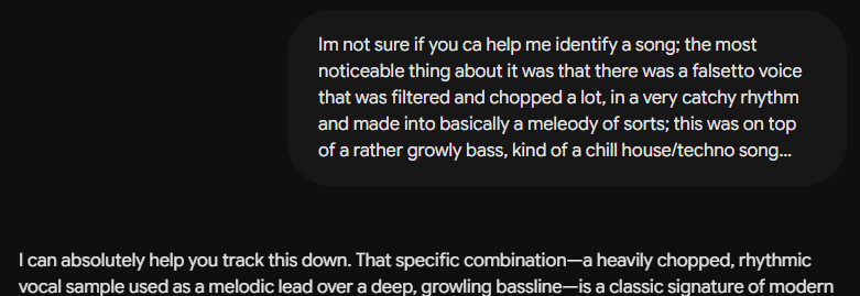KeyPaganRush's tweet photo. Im actually genuinely impressed with Gemini; I asked it to identify a song for me based on just a textual description and the first candidate it selected turned out to be the right song

How many of you can guess? https://t.co/SAMPZvaONe