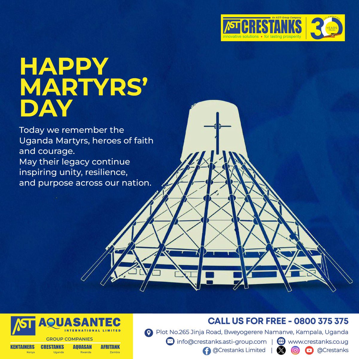 crestanks's tweet photo. As Uganda commemorates Martyrs’ Day, we honor the brave men whose faith and conviction left an enduring mark on our nation.

May their sacrifice continue to inspire unity, resilience, and hope for generations to come.

Happy Martyrs’ Day from all of us at Crestanks💙

#Crestanks https://t.co/kfI8pRQb1h