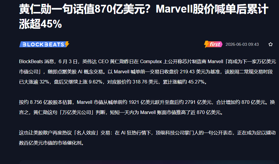 PainZoo's tweet photo. 一句话撬动 870 亿市值！Marvell 暴涨 45% 背后：
演讲落地、散户狂欢之前，聪明资金早已借消息窗口期杠杆做多，公开言论，成了圈内兑现收益的催化剂。 https://t.co/FRq695uIFP