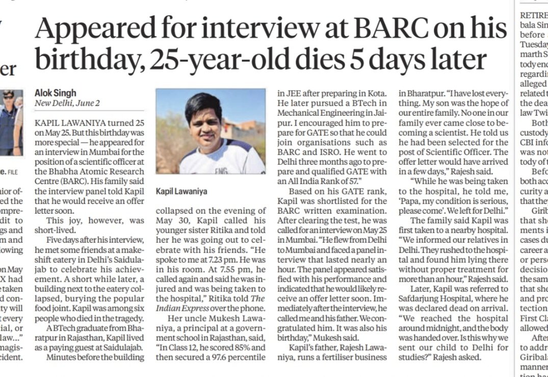 kumar_1402's tweet photo. Isn't the death of such a bright boy and the wrenching tragedy for his family on govt officials who overlook illegal constructions for obvious reasons?
We keep hearing of building collapses in Delhi but not of criminal prosecution of the real villains of this recurring tragedy. https://t.co/h3xKB1AWUr
