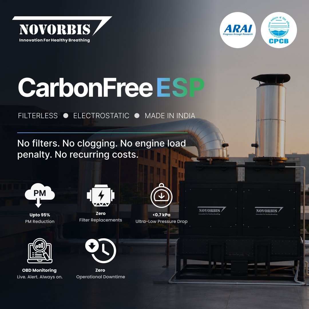 Novorbis_Itus's tweet photo. No filters. No clogging. No recurring replacement costs. CarbonFree ESP is Novorbis' filterless emission control solution for diesel gensets built for compliance and operational continuity.
#EmissionControl #DGSet #CleanTech #Sustainability #NovorbisItus https://t.co/Tp7A0ZNrXS