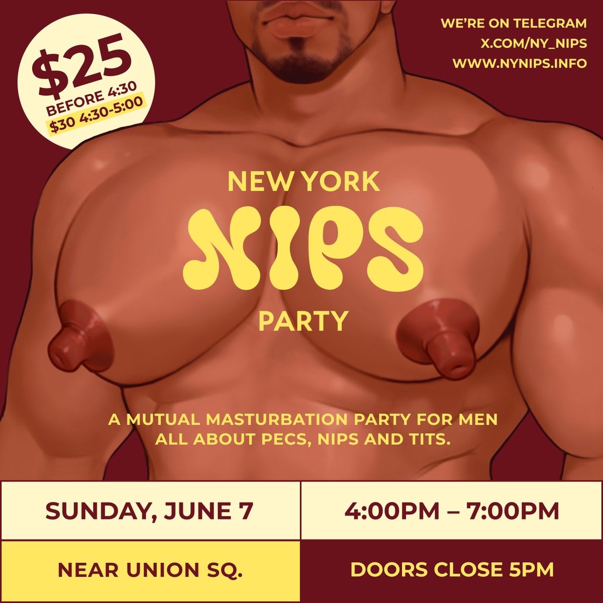 GaySexInNYC's tweet photo. 😈THIS SUNDAY
The NY Nips Party happens on Sunday June 7th near Union Sq. 
4pm thru 7pm. 
The play party for men into pecs, nips and tits. 
SPECIAL: $25 before 4:30pm. $30 after. Hosted by @ny_nips 
Address and advance tix: https://t.co/3yZ3Ddfknc