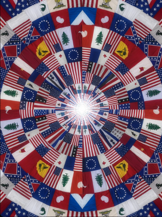 Toenes's tweet photo. Heres a quick remake of this with Patriot themes.

Some Flags used:
-Current United States Flag 
-Betsy Ross
-Appeal to Heaven
-Confederate Battle Flag
-Gadsden Flag
-Grand Union Flag https://t.co/o1NjiqG2mn
