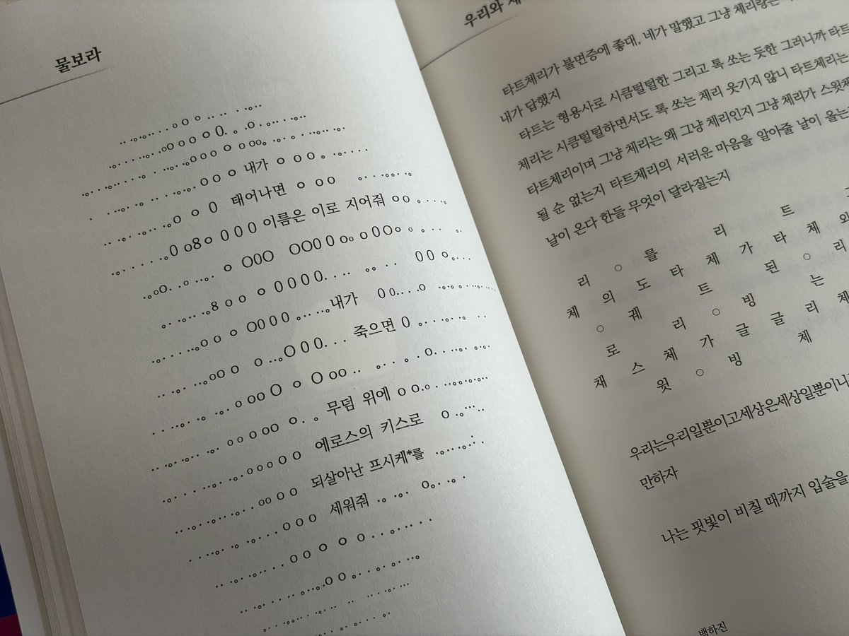 bookmoogi's tweet photo. #도서협찬 #무기여잘읽거라
📘수중 호흡 매뉴얼, 시럽단 / 부크크

공백을 읽는 것만으로 슬퍼질 때가 있다

‘수중’에 초대되어 마음껏 흘러가며 읽어 낸 시집. 축축한 여름과 잘 어울리는 느낌이었다. 인트로에 적힌 대로 시들의 대한 감상은 어떤 파동처럼 한참 후에 밀려오기도 했다.

목차의 흐름도 인상 깊었다. 수면에서 시작해 입수 > 물보라 > 수중발레 > 부력을 거치며 쉽게 흩어지지 않는 감정의 잔류를 경험하게 한다. 다양한 작가님들의 앤솔로지 시집을 자신의 속도에 맞게 유영하듯 읽어 보면 좋겠다.