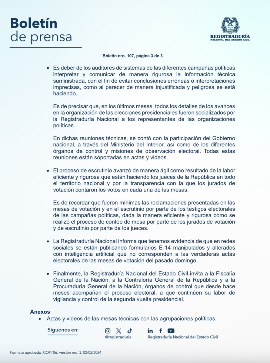 EscribanosCol's tweet photo. #CapsulaEscribana
La @Registraduria ha hecho público un "Boletín de Prensa" en el que explica paso a paso todo lo relacionado con la DIVIPLOE, Mesas instaladas, Censo Electoral, y las mesas de las que @petrogustavo se supone hacia denuncia.
La pregunta: ¿Está Petro mal Informado? https://t.co/gZggaikSV7