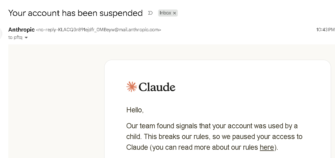 pftq's tweet photo. Welp - just got banned by claude for being underaged.  Guess that's the end of that. https://t.co/GRF5liRQoV