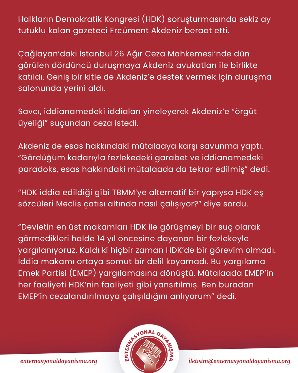 ent_dayanisma's tweet photo. 📍 Ercüment Akdeniz HDK davasında beraat etti

👉 Halkların Demokratik Kongresi (HDK) soruşturmasında sekiz ay tutuklu kalan gazeteci Ercüment Akdeniz beraat etti.

▶️ Devamı: https://t.co/wIi1FnP4Sr https://t.co/s0YAMLWFJN