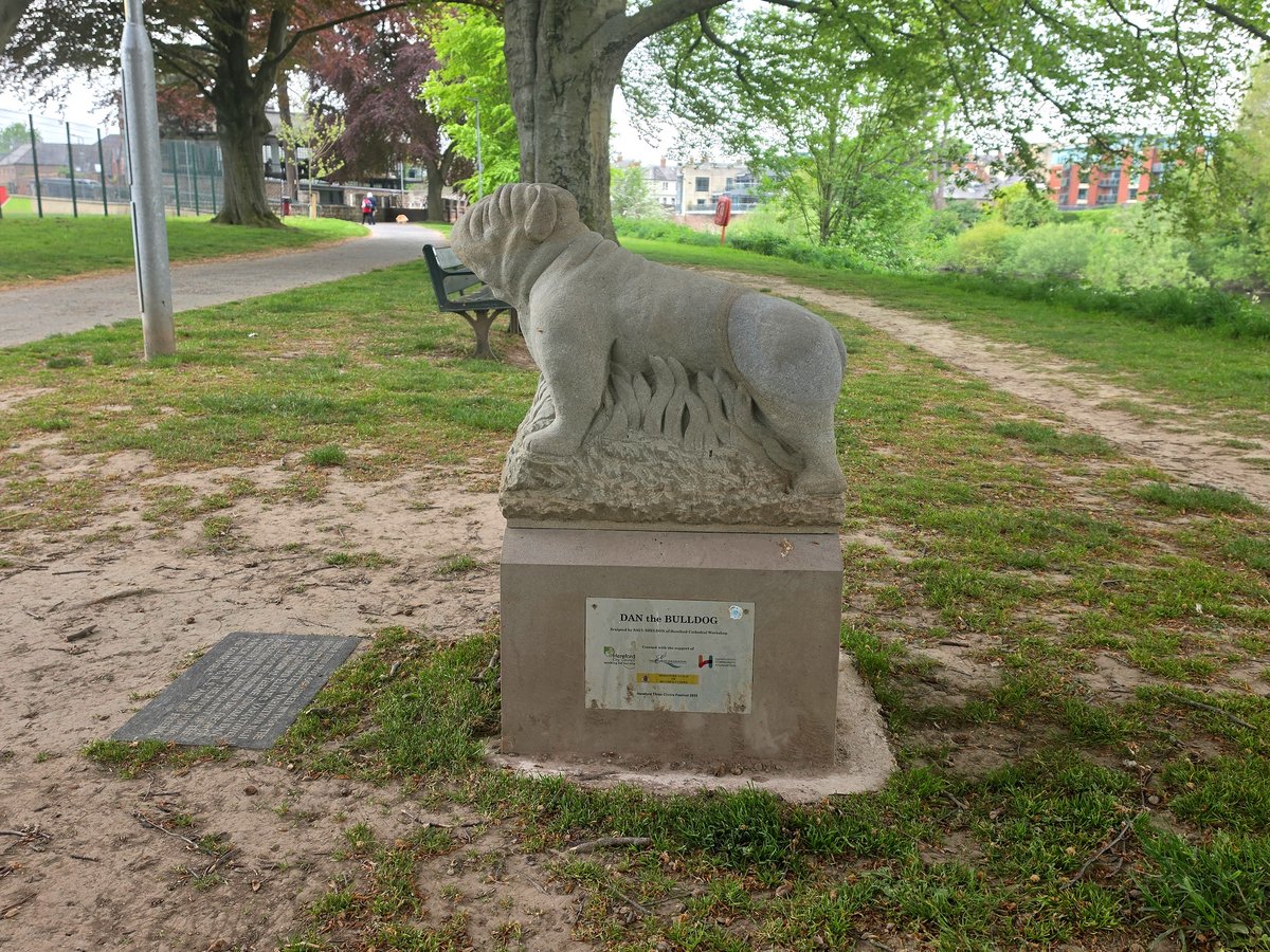 SimoninSuffolk's tweet photo. And here is Dan the Bulldog among the water weeds, beside the River Wye in Bishops Meadow, Hereford. He's by Saul Sheldon, one of the Cathedral stonemasons. You can read about the statue and how Dan the Bulldog emerged unharmed, an inspiration for Elgar: https://t.co/gMoRtQrmnS https://t.co/kZoeZW8aN9