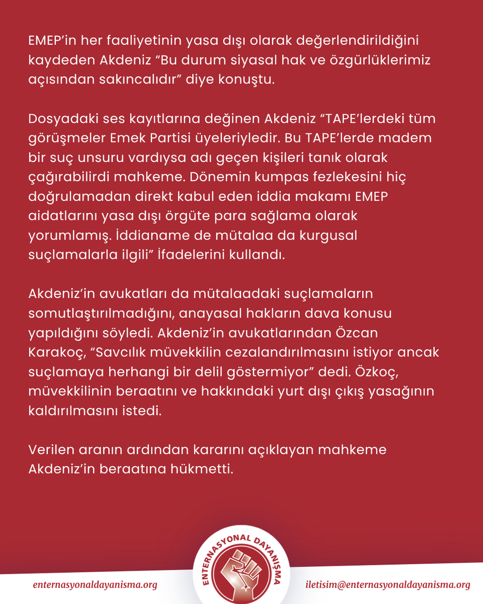ent_dayanisma's tweet photo. 📍 Ercüment Akdeniz HDK davasında beraat etti

👉 Halkların Demokratik Kongresi (HDK) soruşturmasında sekiz ay tutuklu kalan gazeteci Ercüment Akdeniz beraat etti.

▶️ Devamı: https://t.co/wIi1FnP4Sr https://t.co/s0YAMLWFJN