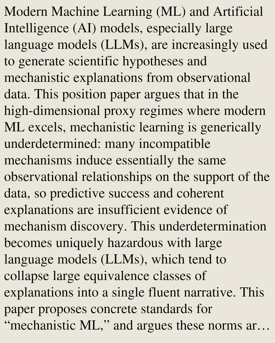 StatsPapers's tweet photo. Position: Prioritize Identifying Structure, Not Complex Models, for Scientific Discovery

Tyler H. McCormick
https://t.co/afUHGT4PdM [𝚜𝚝𝚊𝚝.𝙼𝙻 𝚌𝚜.𝙰𝙸 𝚌𝚜.𝙲𝚈 𝚌𝚜.𝙻𝙶 𝚎𝚌𝚘𝚗.𝙴𝙼 𝚜𝚝𝚊𝚝.𝙰𝙿] https://t.co/moojd7u3wc