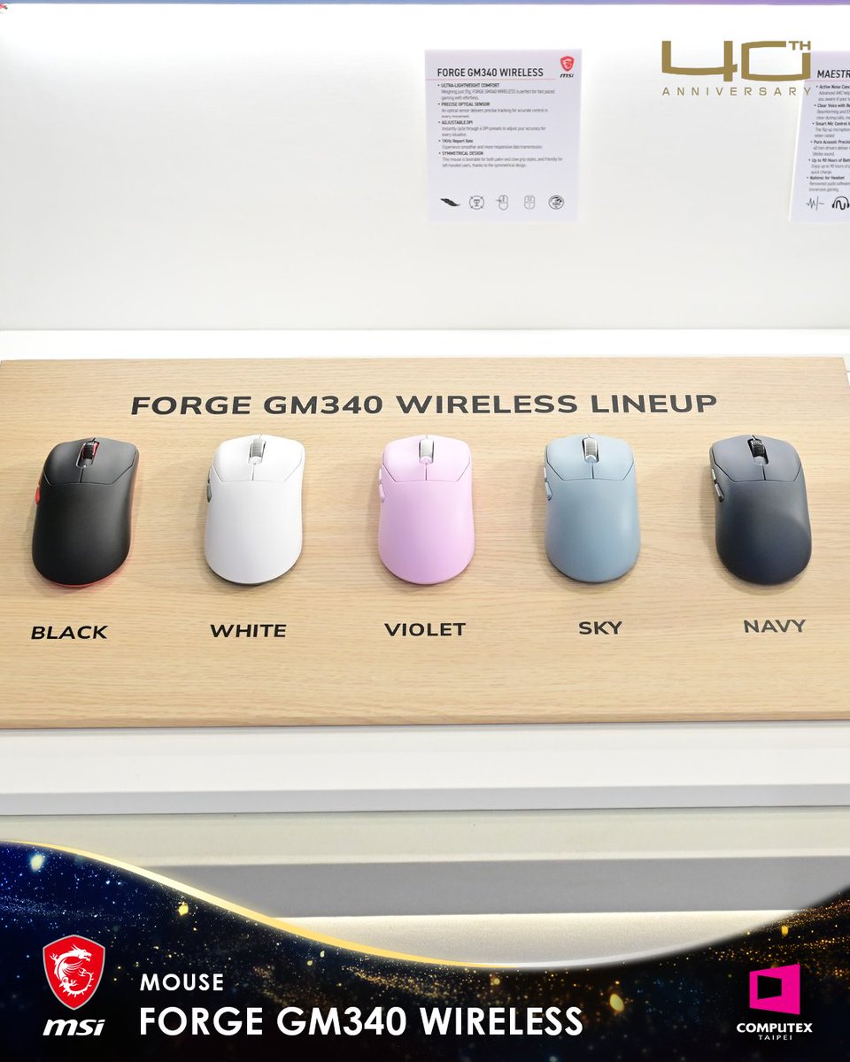 msigaming's tweet photo. From colorful wireless setups with the FORGE GM340 WIRELESS mouse and MAESTRO 500 WIRELESS headset, to the COMPUTEX Best Choice Award-winning Al-Mg Alloy Flagship Series — discover the latest MSI gaming gear and get inspired for your next setup 💡

#MSIxComputex2026📍L0118 https://t.co/mCmL7BlNAW