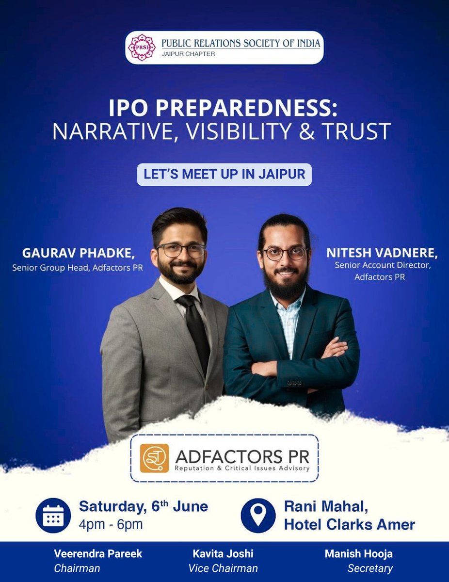 AdfactorsPR's tweet photo. IPO readiness depends as much on market perception as it does on business performance.

To know more about it, join Gaurav Phadke and Nitesh Vadnere at PRSI Jaipur Chapter on 6th June as they unpack what it truly takes to go Public.🗓️

#PRSIJaipur
#PublicRelationsSocietyOfIndia https://t.co/Ea9XrBpN1L
