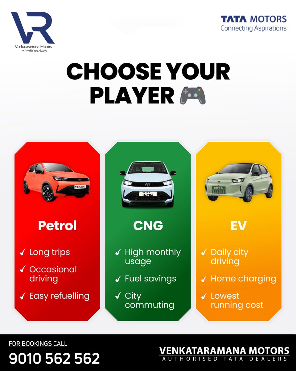 VRM_Motors's tweet photo. One car. Three incredible ways to drive.

Whether you love the classic performance of Petrol, the unmatched economy of iCNG, or the futuristic, eco-friendly drive of an EV—Tata has a Tiago built just for your lifestyle!

Visit: https://t.co/wMz7KwwenY
📞 Call Now: 9010 562 562 https://t.co/cJMgWuFRIE
