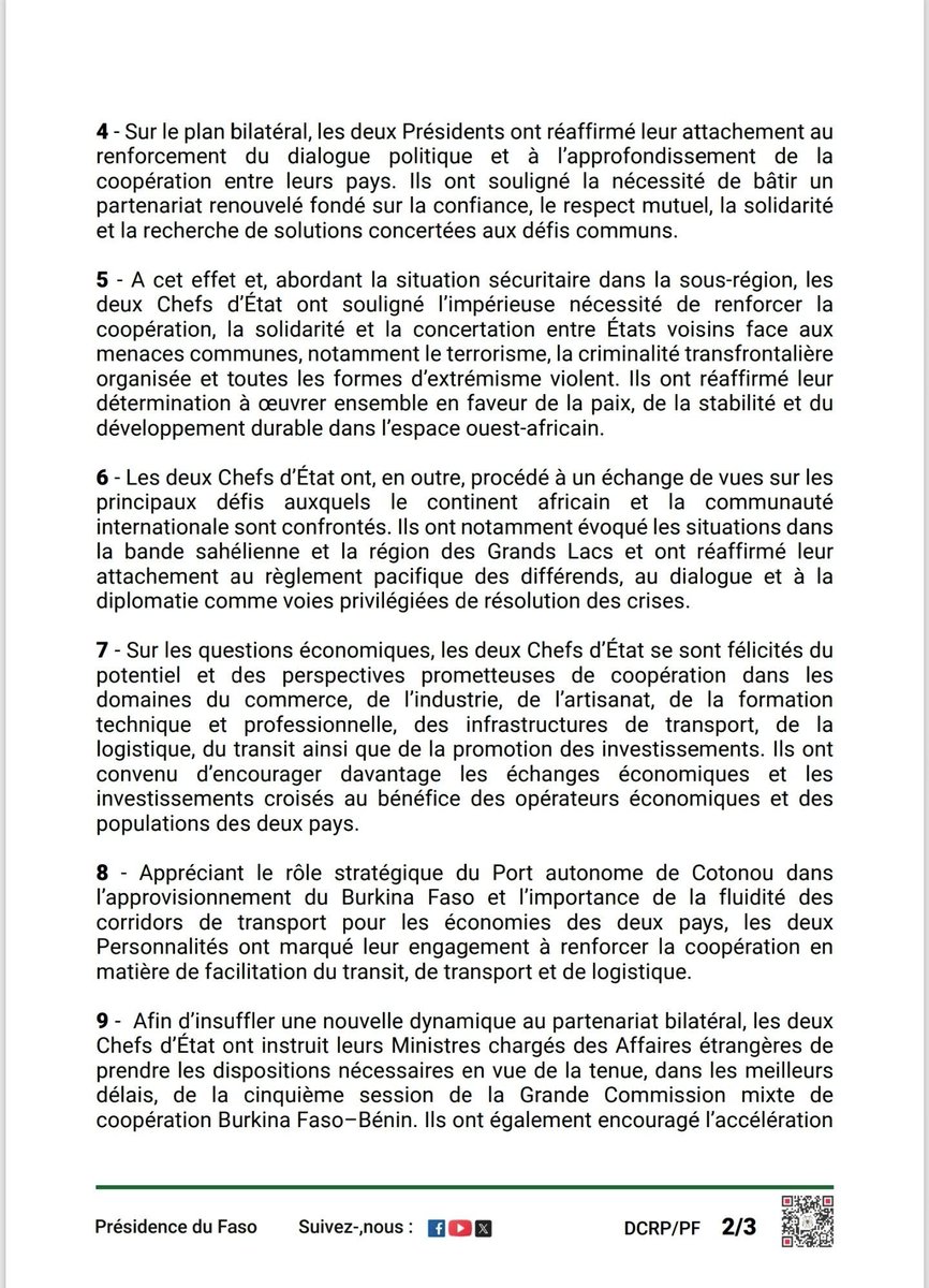 sigbf's tweet photo. COMMUNIQUÉ CONJOINT DE PRESSE RELATIF À LA VISITE D'AMITIÉ ET DE TRAVAIL DU PRÉSIDENT BÉNINOIS AU BURKINA FASO

(Ouagadougou, 2 juin 2026)
Au terme de la visite d'amitié et de travail du Président de la République du Bénin, S.E.M Romuald WADAGNI, au Burkina Faso, les deux parties ont exprimé leur engagement à travailler au renforcement de la coopération bilatérale, dans un Communiqué conjoint de presse lu par le Ministre des Affaires étrangères du Burkina Faso.
Document intégral...