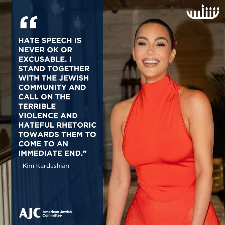 Mazelit_'s tweet photo. "Hate speech is never ok or excusable. I stand together with the Jewish community and call on the terrible violence and hateful rhetoric towards them to come to an end." 
           — Kim K. https://t.co/62RVRQ4xty