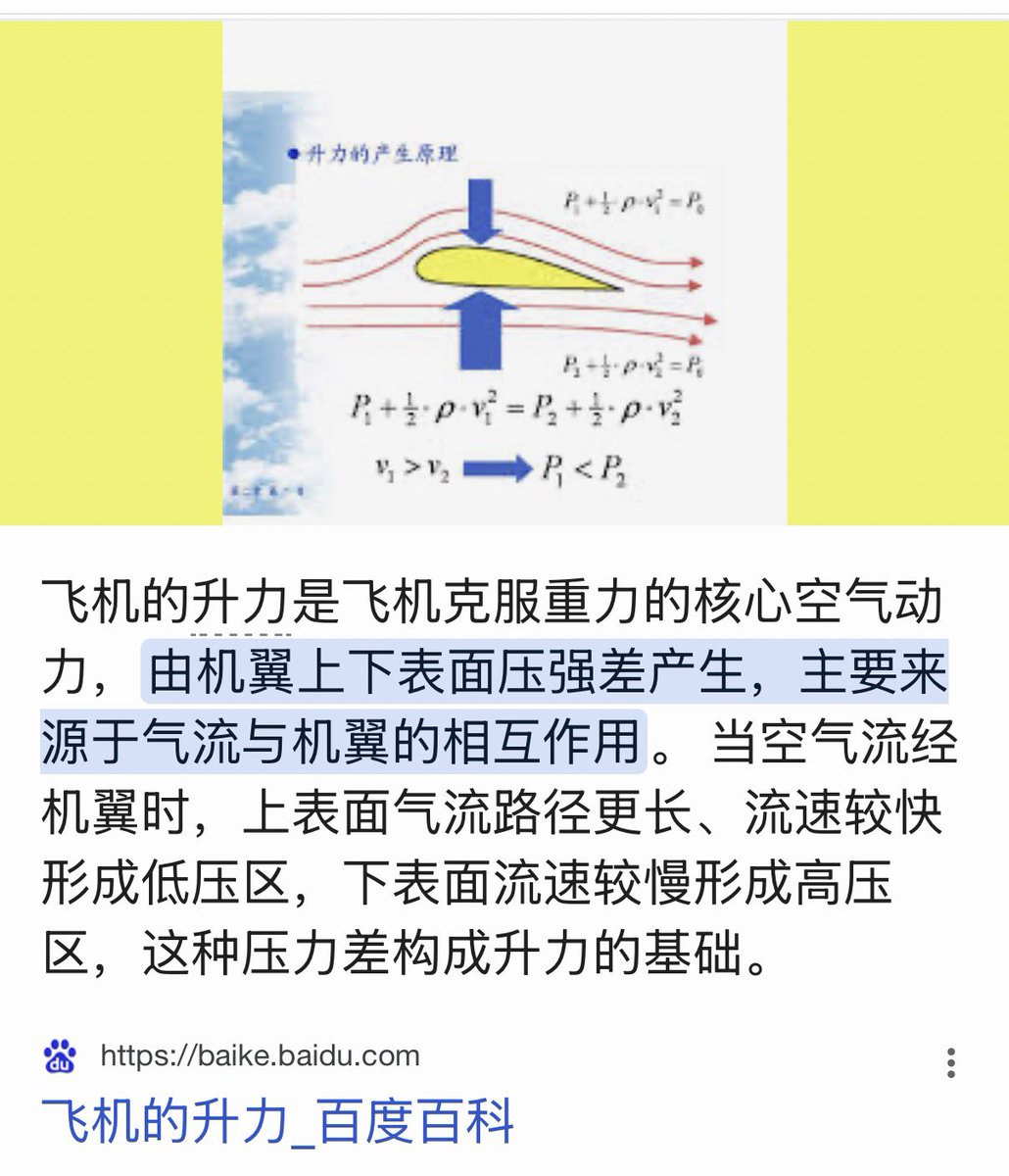 DoraDaemon1's tweet photo. 飞机为什么能飞起来？产生升力的原理是啥？
大多数科普是这样说的，利用了伯努利原理，当空气流经机翼时，上表面气流路径更长、流速较快形成低压区，下表面流速较慢形成高压区，这种压力差构成升力的基础。 https://t.co/Nj48a6uMvd