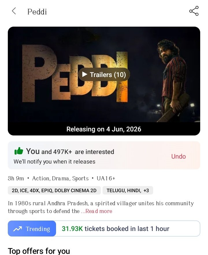 DRHofficialIn's tweet photo. 32K+ tickets in last 1 hour

#Peddi  @AlwaysRamCharan 🔥🔥🔥🔥🔥 https://t.co/my1doT93Db