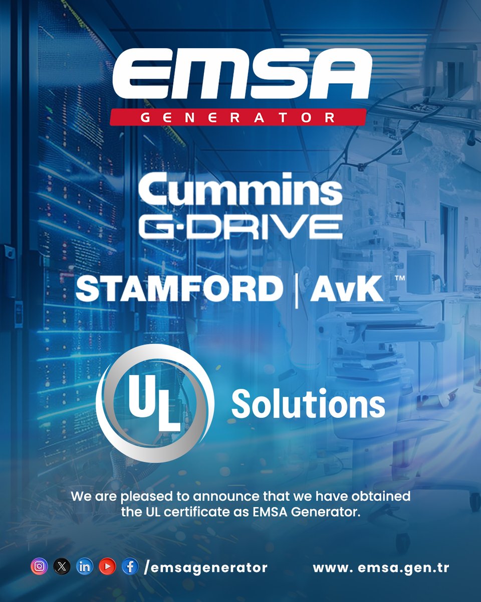 EmsaGenerator's tweet photo. EMSA Generator is now UL Certified!  

We are proud to have received our UL Certification, which attests to our compliance with international safety and quality standards.

@UL_Solutions 
@Cummins
@STAMFORDAvK 

#EMSAGenerator #ULCertified #ULSolutions #PowerGeneration https://t.co/PJn32JJJgq