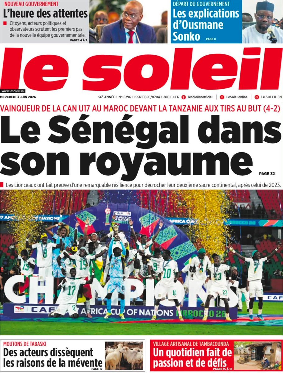 MasseneDIOUF3's tweet photo. Thread  la Une  des  journaux Sénégalais  du Mercredi  03  Juin  2026 🇸🇳👇🏽.
Bonne  journée  à  tous 🇸🇳 😍.

#Senegal 
#kebetu https://t.co/dbmeeWNEDG