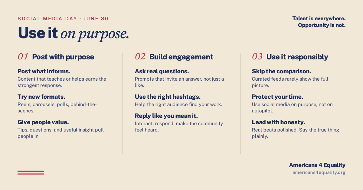 americans4equal's tweet photo. World Social Media Day 📱

Use platforms with intention. Post with purpose. Scroll mindfully.

Digital literacy is a career skill. A4E builds it into programs—AI, cybersecurity, cloud, data. No degree required.

https://t.co/1DHlvVvjoM

#DigitalLiteracy https://t.co/dPLnVThkti