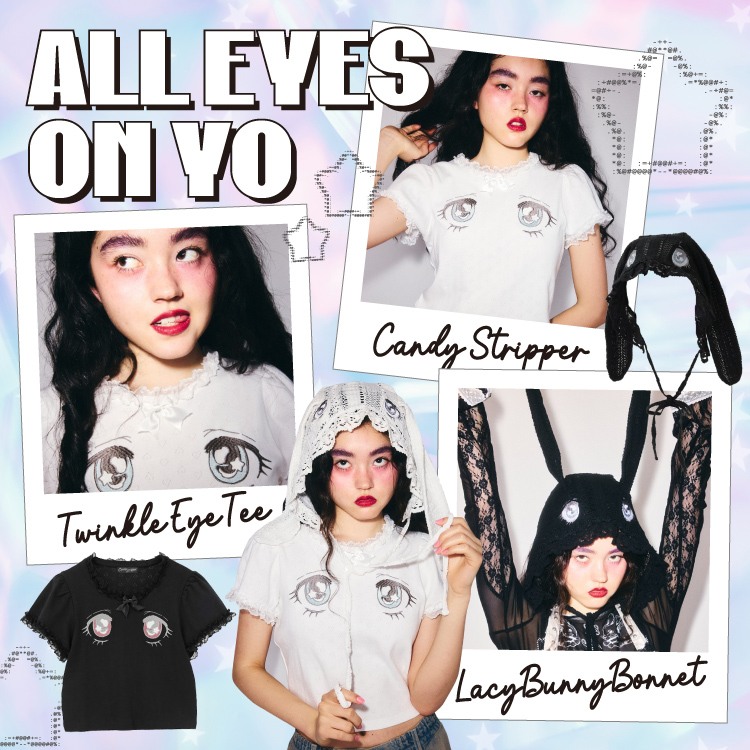 _candystripper_'s tweet photo. 💚ZOZOTOWN💚

＼ALL EYES ON YOU／
視線を奪う、EYEモチーフシリーズ👀💕
アイキャッチなグラフィックを落とし込んだコンパクトTシャツと
繊細なレースボンネットがラインナップ❣

ガーリーにもストリートにも楽しめる、存在感たっぷりなシリーズ◎
▶https://t.co/AK2zZLi6wi https://t.co/6tXrGW4T3t