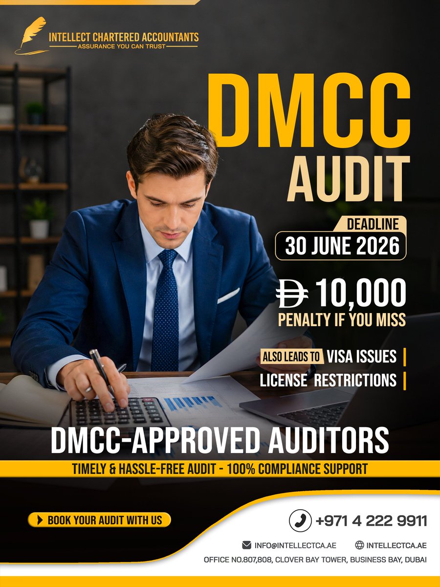 CaIntellect's tweet photo. DMCC Audit Deadline: 30 June 2026
Missing your DMCC audit submission could cost your business AED 10,000 in penalties, along with potential visa issues and license restrictions.
Stay compliant, avoid unnecessary risks, and ensure your audit is completed by DMCC-approved auditors. https://t.co/s9zgZfS7Xk
