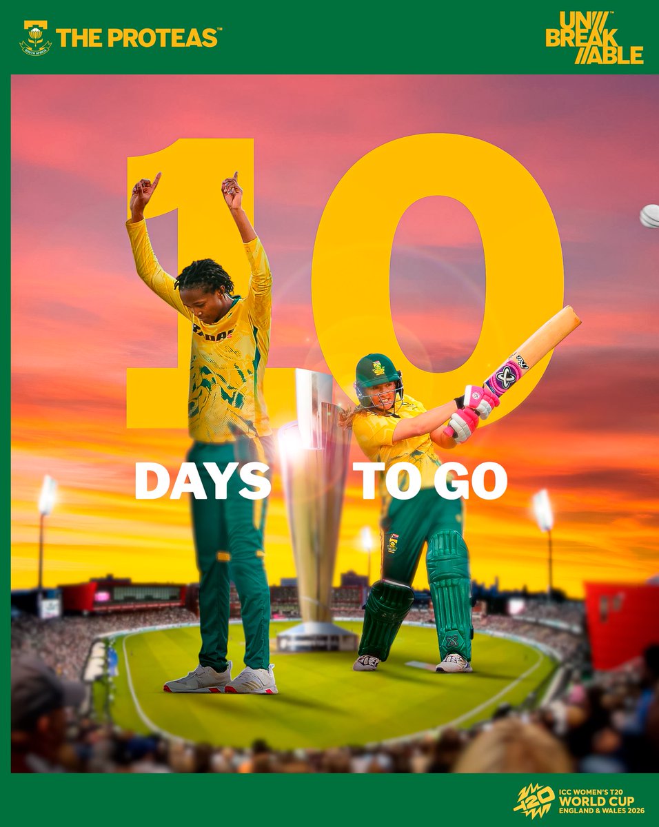 ProteasWomenCSA's tweet photo. 10 Days To Go. ⏳

We’re fast closing in on #TheProteas facing Australia in their opening match of the ICC Women’s T20 World Cup. 🌍🏆

With just 10 days remaining until our pursuit of history begins on the world stage, the wait is almost over. 💪🇿🇦

#Unbreakable https://t.co/P5BKglpeHy