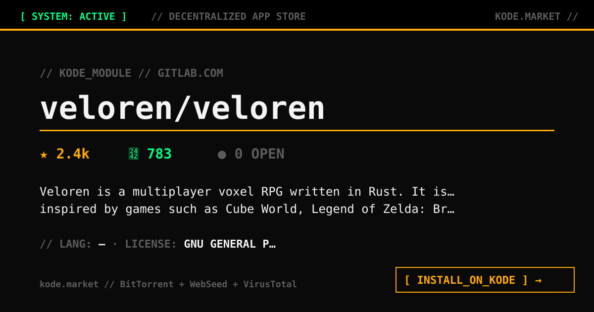 kodemarket01's tweet photo. 🦊 Trending on GitLab: Veloren
Veloren is a multiplayer voxel RPG written in Rust. It is inspired by games such as Cube World, Legend of Zelda.
⭐️Stars: 2.4k+
⛓️Forks: 783+
👇 https://t.co/obsjquUw4u
🚀Install in 1 click!
@velorenproject #rustlang #trending #GitLab #KODE https://t.co/AvrDufcZyv
