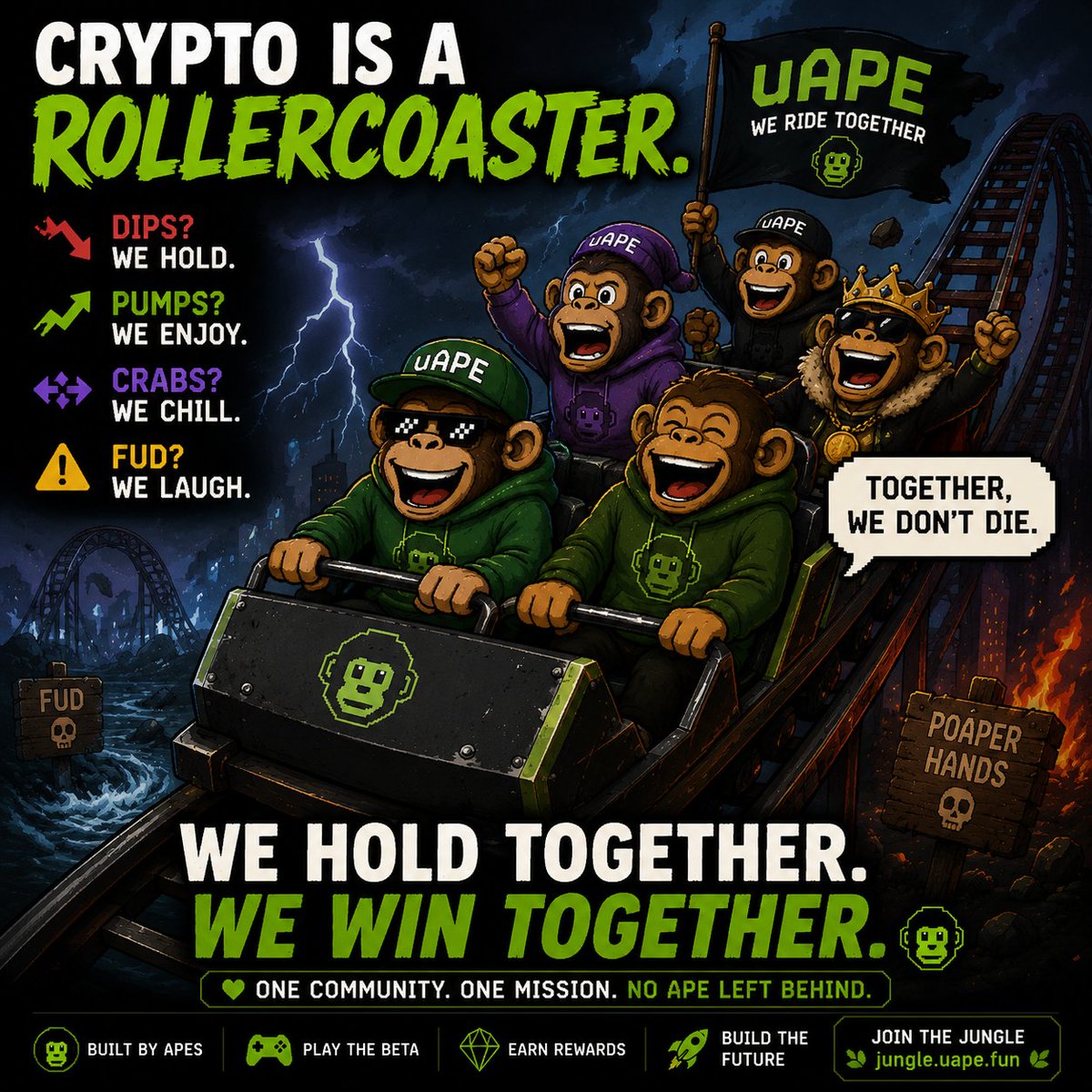 CzarnyNFT's tweet photo. Crypto is a rollercoaster. 🎢🐒

Some panic.
Some quit.
We hold.
We build.
We ride together.
$uAPE 💚
#uAPE #Solana #NFT #GameFi https://t.co/ezjh8LWfPz