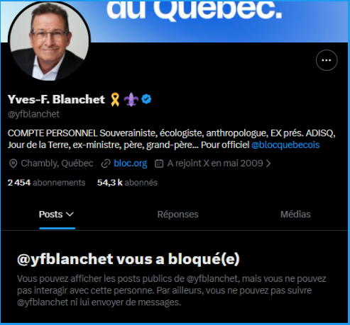 RobLassonde's tweet photo. Comme prévu, la patère bloquiste @yfblanchet bloque. Ce n'est pas pour rien qu'il a été sévèrement critiqué par PSPP; cet homme est la version séparatiste de Justin Trudeau. Il vote d'ailleurs la majorité du temps avec le parti fédéral pour faire des gains de fonds de tiroir, au lieu d'appuyer des mesures concrètes, spécialement par rapport à la sécurité publique.

Je rappelle qu'il a voté contre le projet de loi C-270 sur la « protection de nos foyers », sous prétexte que c'est de « l'importation américaine ». Donc, pour les gens comme Monsieur Blanchet, il est préférable de se faire tuer par un intrus dans sa propre maison plutôt que d'importer une loi américaine qui permettrait aux propriétaires de défendre leur famille et, par la même occasion, de dissuader les criminels.

Beaucoup d'indépendantistes ont la clarté d'esprit de voir qu'un parti comme QS, malgré sa mention de l'indépendance, n'est pas vraiment un allié. Eh bien, c'est la même chose pour Monsieur Blanchet : malgré le fait qu'il glisserait probablement un oui dans l'urne lors d'un possible référendum, sa politique ne fait que tirer le Québec vers le bas.