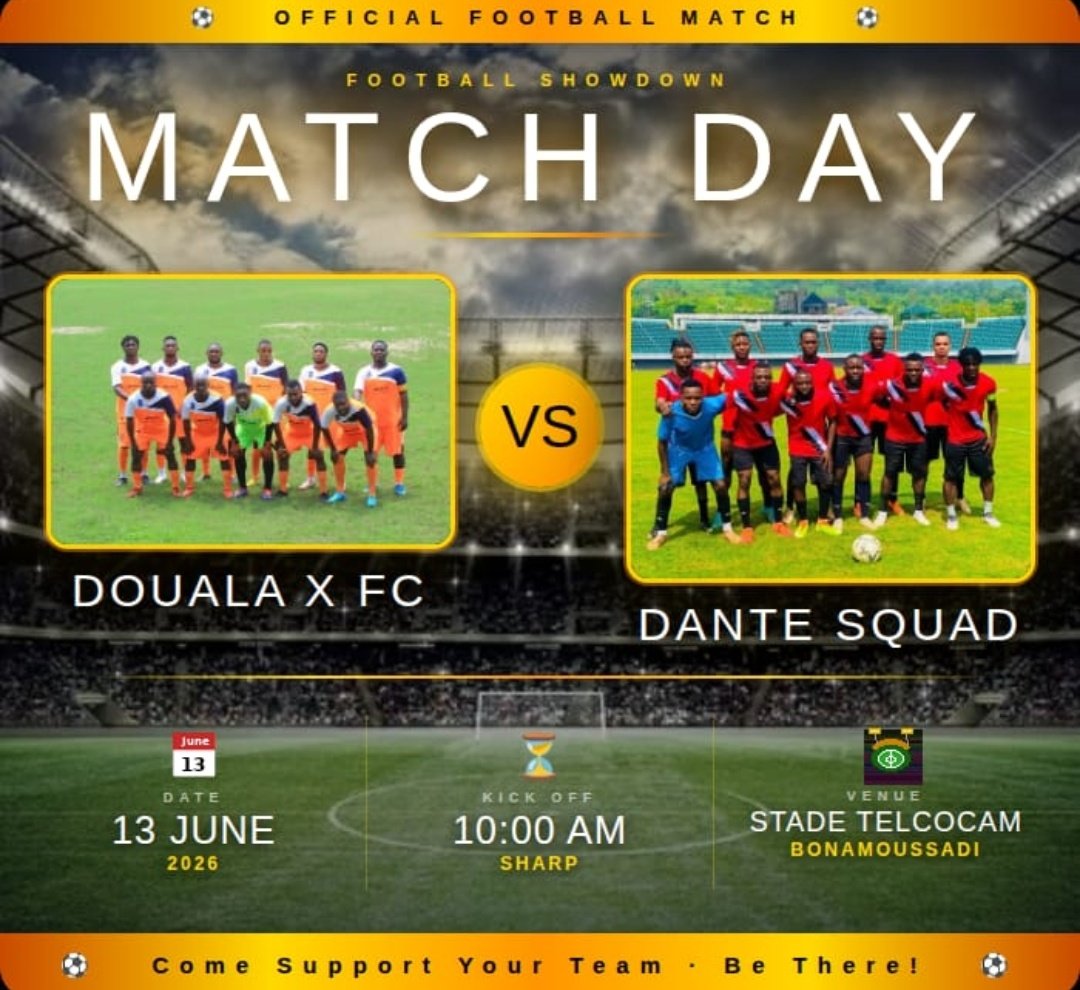 DoualaTTFc's tweet photo. After a long break, we're back! ⚽🔥
We return to action as we take on Dante Squad in what promises to be an exciting showdown.

📅 13 June 2026
⏰ 10:00 AM
📍 Stade Telcocam, Bonamoussadi

Come support the boys. Your energy from the stands can make the difference!
#DoualaXFC https://t.co/eMSrdPuiFU