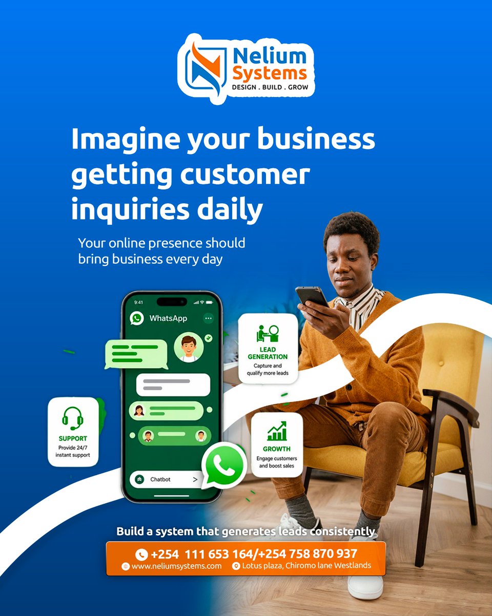Nelium_Systems's tweet photo. Imagine getting customer inquiries every day.

That's what happens when your online presence is built to generate leads, not just attract views.

+254 111 653 164
+254 758 870 937
#NeliumSystems #LeadGeneration #BusinessGrowth #DigitalMarketing #SalesGrowth https://t.co/O6AkMn1n8z