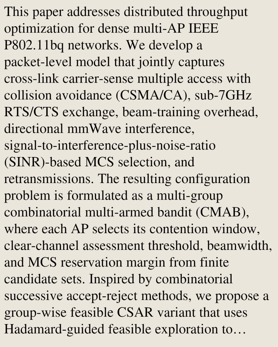 USB's tweet photo. Throughput Optimization for Multi-AP IEEE P802.11bq Networks Based on Combinatorial Multi-Armed Bandits

Anshan Yuan, Mingqi Han, Xinghua Sun
https://t.co/oPy4ESPT6M [𝚌𝚜.𝙽𝙸]
💬Submitted to the IEEE for possible publication https://t.co/LTOsuub90l