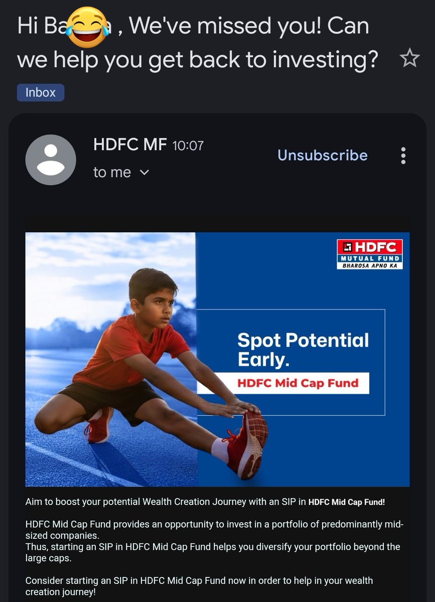 VSam82's tweet photo. Lol @hdfcmf you want to get my 110 year old grandmother (if she was alive today that is) to start a sip? Atleast run an intelligent SQL query against your DB instead of spamming randomly. 

Clearly your teams are unfamiliar with AI. https://t.co/yWhlQh0Pr3