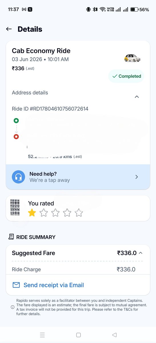 Ankitkumar26592's tweet photo. Extremely frustrated, Booked a ride today where the app clearly showed a fare of ₹336 . Instead, the driver blatantly fleeced me and charged me ₹450 for an 18 km ride, claiming the extra money was for using the AC. @rapidobikeapp @jagograhakjago 
Ride ID #RD17804610756072614 https://t.co/ffSShwosmx