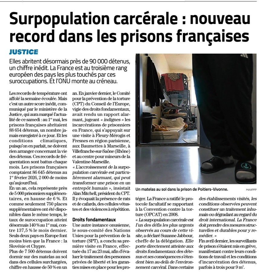 WaechterJp's tweet photo. Record historique dans les prisons françaises : 88 654 détenus pour un taux de suroccupation de 140 %. Entre matelas au sol et conditions « indignes » dénoncées par l’ONU, la situation devient une urgence humanitaire. 🚨⚖️ #Prison #Justice #DroitsHumains @centre_presse https://t.co/US2ttQzkas