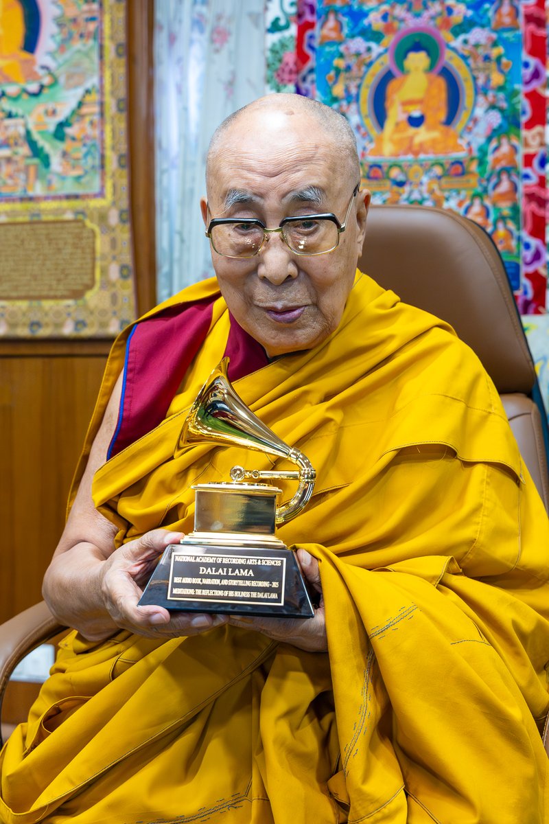DalaiLama's tweet photo. His Holiness the Dalai Lama was formally presented the Grammy Award at his residence in Dharamsala on June 3, 2026. by Ustad Amjad Ali Khan, accompanied by Amaan Ali Bangash, Ayaan Ali Bangash and Kabir Gill Sehgal. The award was received in the category of Best Audio Book, Narration & Storytelling Recording for the album Meditations: The Reflections of His Holiness the Dalai Lama, a unique collaboration blending His Holiness’ reflections on compassion, peace and the oneness of humanity with Indian classical music. Photo by Tenzin Choejor