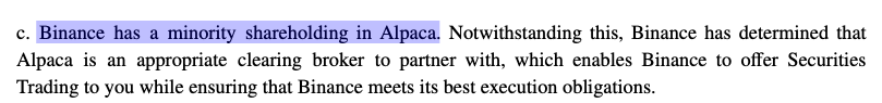 agintender's tweet photo. 哈哈哈 其实现阶段直接买 binancecoin:native 就行

很多人可能不知道：
1. Binance 是 Alpaca的小股东

2.  Alpaca 收 PFOF(订单流支付)，Binance 拿其中 50%。你可以理解bn和alpaca用 PFOF 变现，然后五五分

3. 证券借贷——用户 opt-in FPSL 后,股票被借出去(给做空者等)，产生借券费。

Alpaca 收到全部借券报酬(remuneration)；
Alpaca 先付给你"利息"(就是按照前端页面展示你的那一份，一般是固定数额)；
付完你之后剩下的叫 excess(超额部分)，Binance 再拿走其中 65%

我这么一看， @binance 取消这个0.1%的手续费可能就是迟早的事情，量大之后肯定有得赚