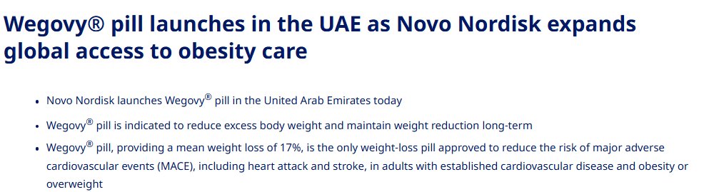 TacticzH's tweet photo. 🚨 $NVO Launches the Wegovy pill in UAE.

This is the first country outside of the US to make the pill available. 

Foundayo is yet to be approved in the region. 

The TAM here is not really huge, but it does underwrite Novo's ambition to market the Wegovy pill globally, as soon as possible.