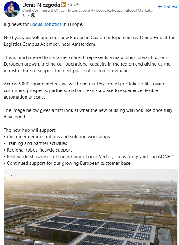 LevinBurant's tweet photo. Locus Robotics (warehouse automation), announced expansion plans in Europe to meet growing demand. This is one of the most exciting robotic companies pre-IPO. @LocusRobotics 

Exposure through $SSSS and $STCGF. https://t.co/ixBm7IY3wV