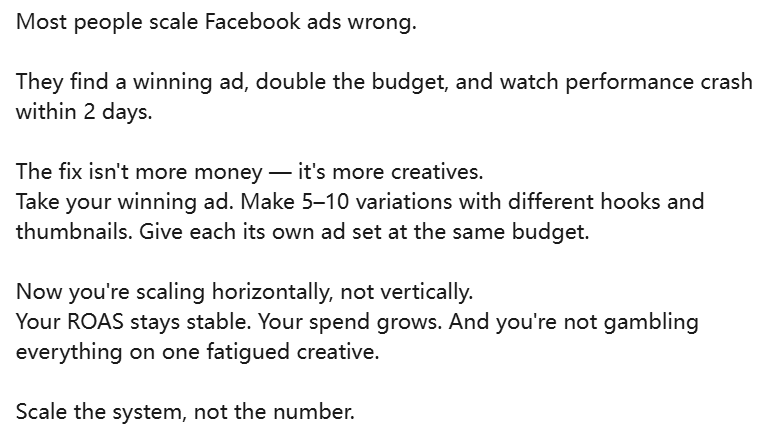 affJensen's tweet photo. Most people scale Facebook ads wrong. 
Scale the system, not the number. https://t.co/xj8DICxRwZ
