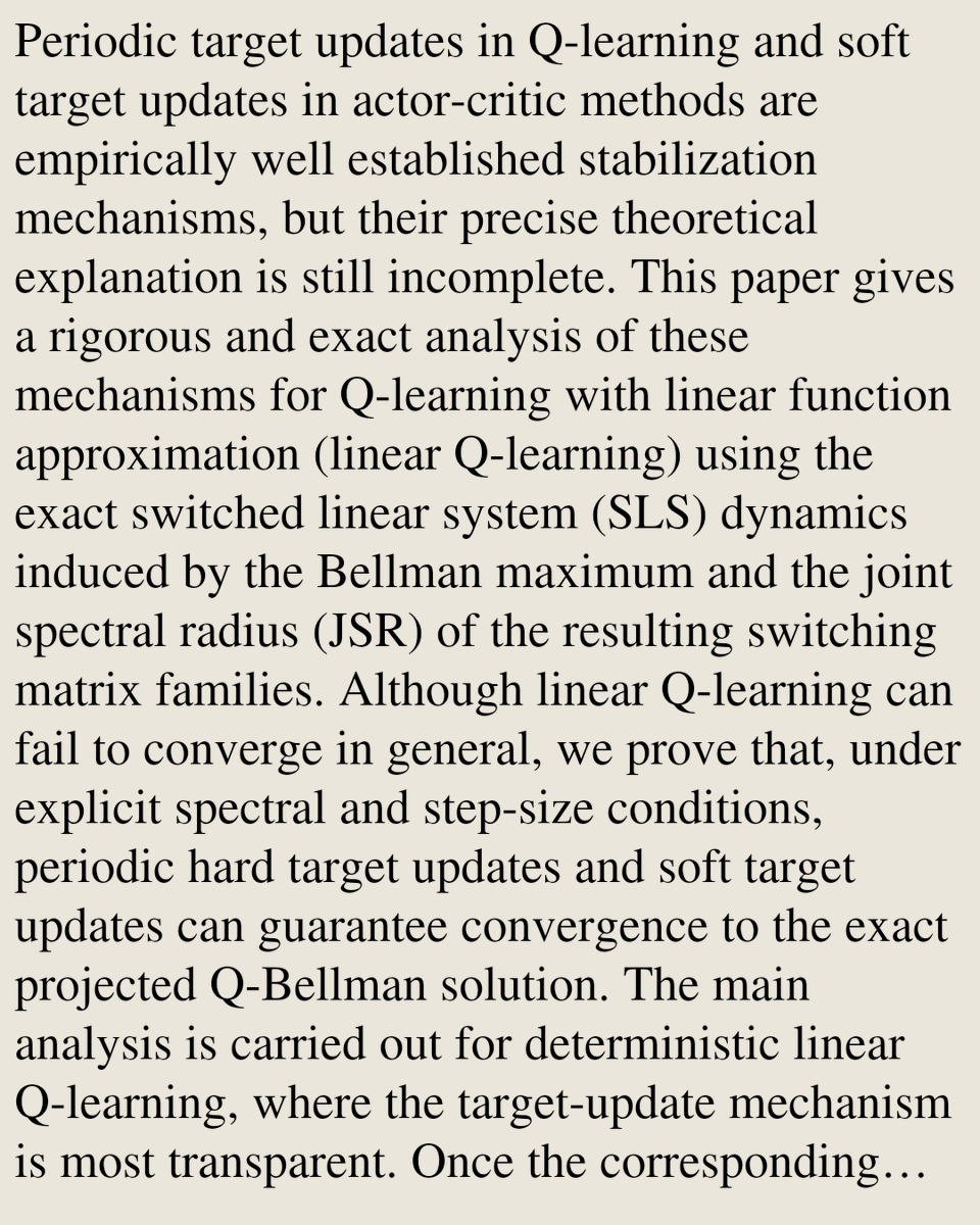 StatsPapers's tweet photo. Target Updates May Stabilize Linear Q-Learning: Periodic and Soft Dynamics

Donghwan Lee
https://t.co/QaLXDWwWW9 [𝚜𝚝𝚊𝚝.𝙼𝙻 𝚌𝚜.𝙰𝙸 𝚌𝚜.𝙻𝙶] https://t.co/YMVOXG37WT
