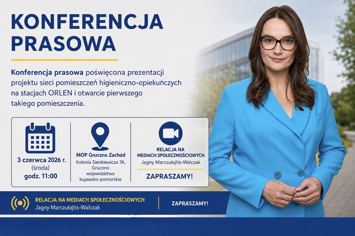 JagnaMarczulajt's tweet photo. 📣 Konferencja prasowa z udziałem moim, przedstawicieli @GrupaORLEN oraz strony społecznej poświęcona prezentacji projektu sieci pomieszczeń higieniczno – opiekuńczych tzw. „komfortek" na stacjach paliw ORLEN wraz z otwarciem pierwszego pomieszczenia na stacji MOP Gruczno Zachód.

Konferencja odbędzie się 3 czerwca 2026 r. (środa), o godz. 11:00, na terenie MOP Gruczno Zachód (województwo kujawsko-pomorskie), Kolonia Sienkiewicza 7A, Gruczno.

Zapraszam. 

#JagnawPE #JagnaDlaLudzi 
#NiezalezneZycie #niepelnosprawność